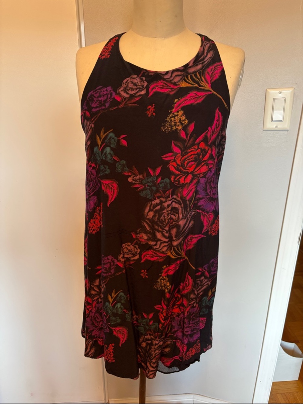 Alice + Olivia Black Floral Midi Dress with Pink and Purple Accents